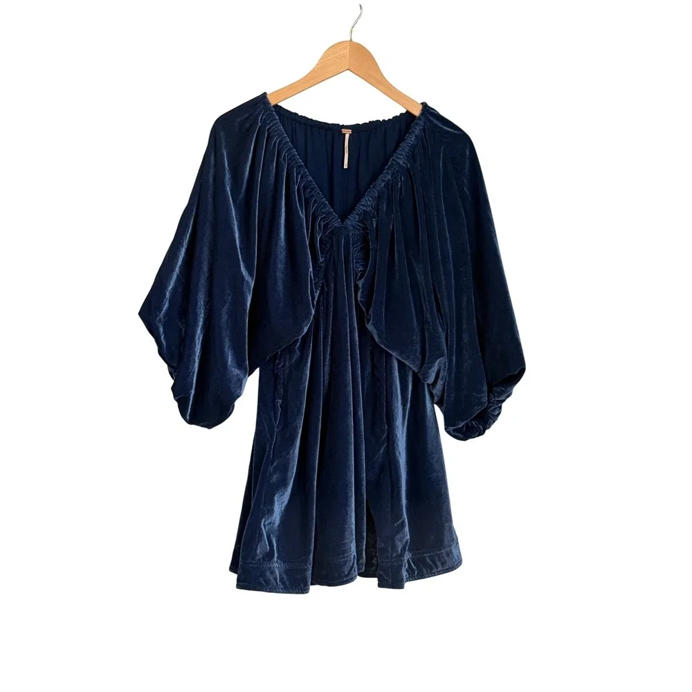 Free People Portia Velvet Mini Babydoll Dress Womens Size M Navy Blue Boho Chic